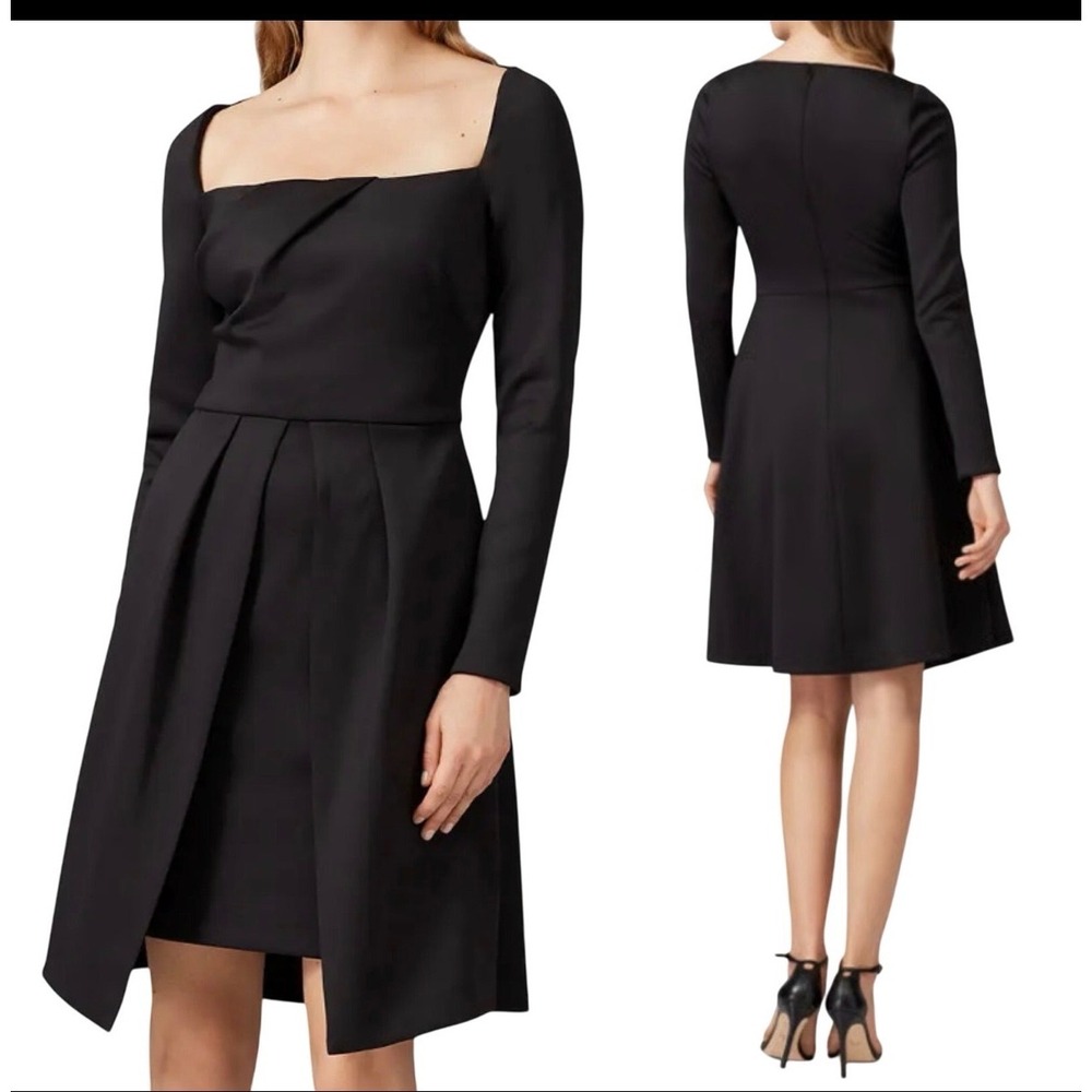 Black Halo Eve Berman Black Square Neck Long Sleeve Pleated Cocktail Dress 8